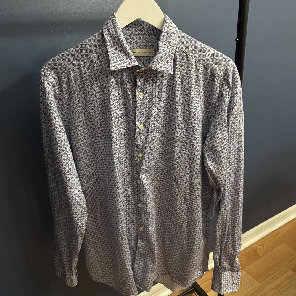 Etro 42 Men’s Button Up Shirt Geometric Print Blue Brown Made in Italy
